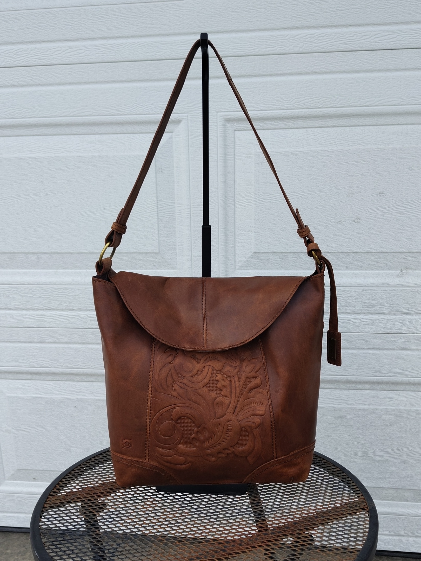 Born Genuine Leather Tooled Floral Western Brown Saddle Shoulder Bag Neutral